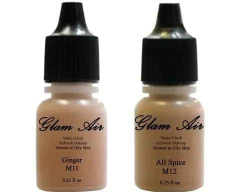 Glam Air Airbrush Makeup Foundations Set Two  M11 Ginger & M12 All Spice Natural Nude for Flawless Looking Skin Matte Finish For Normal to Oily Skin (Water Based)0.25oz Bottles