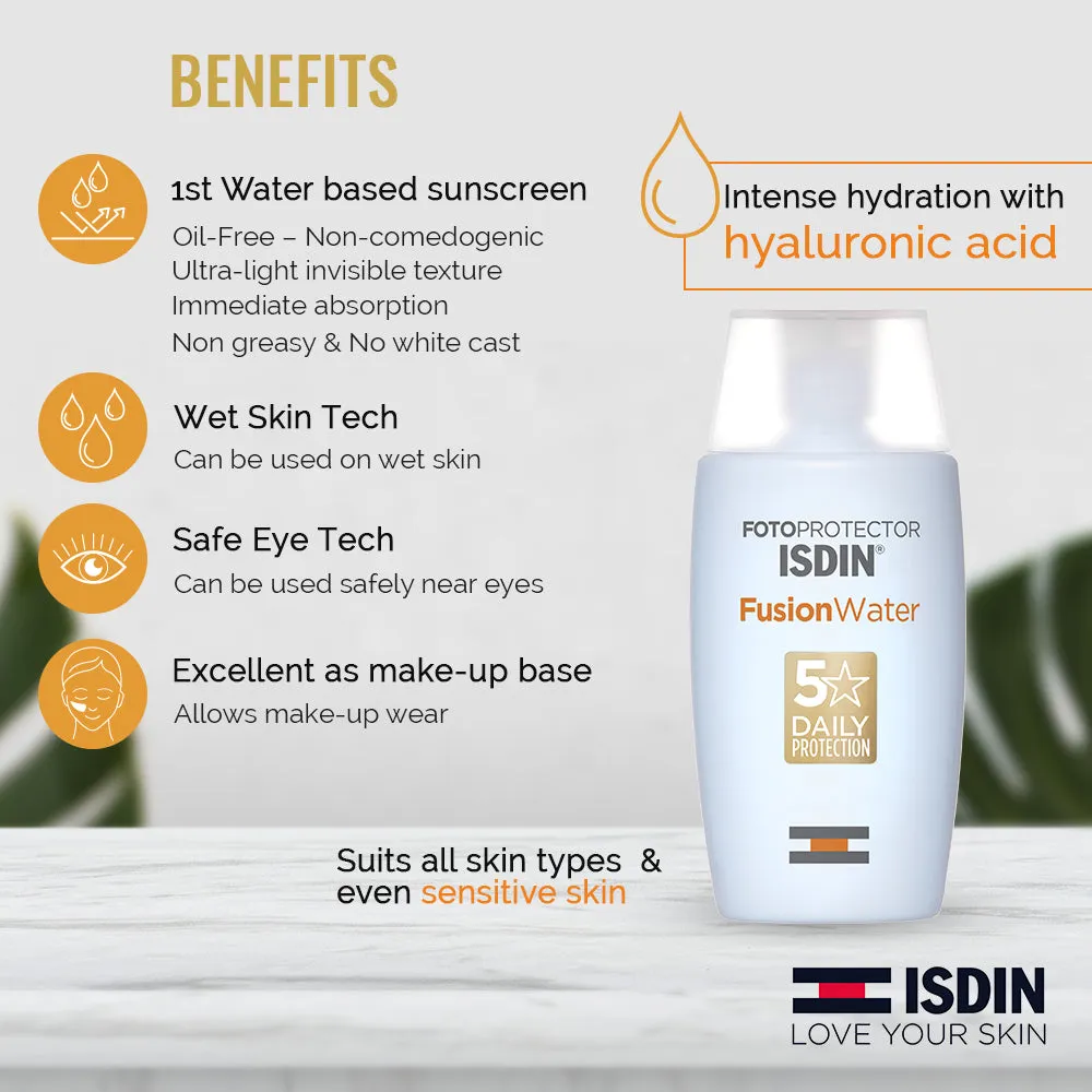 ISDIN Fotoprotector Fusion Water SPF50, 50 ml I Sunscreen for face I water-based I oil-free I sensitive skin I paraben free I make up friendly